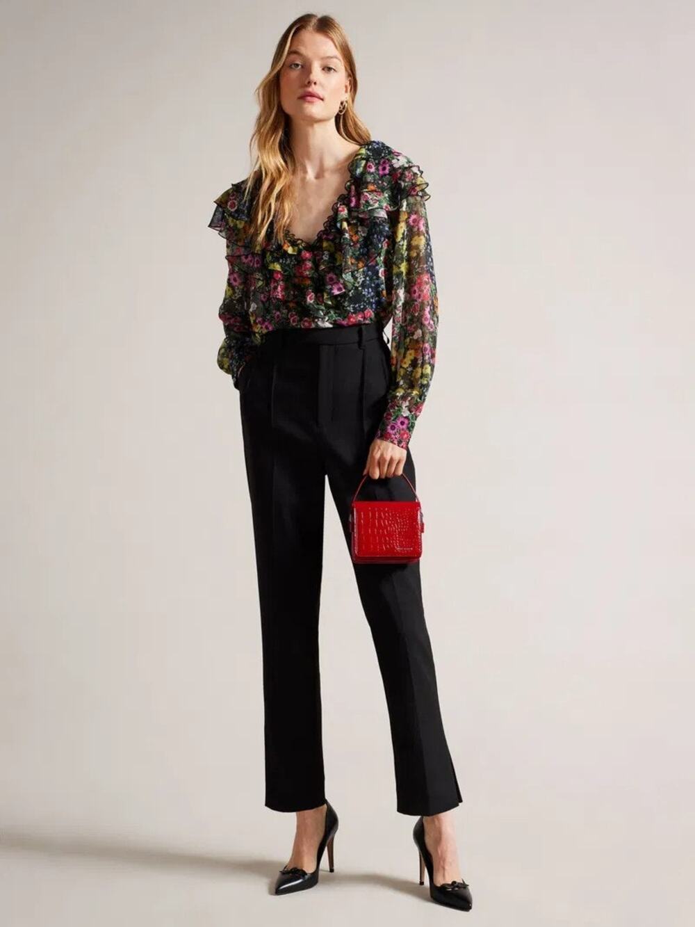 NWT Ted Baker 'Amell' Black Floral Loose Long Sleeved Blouse Size 1
